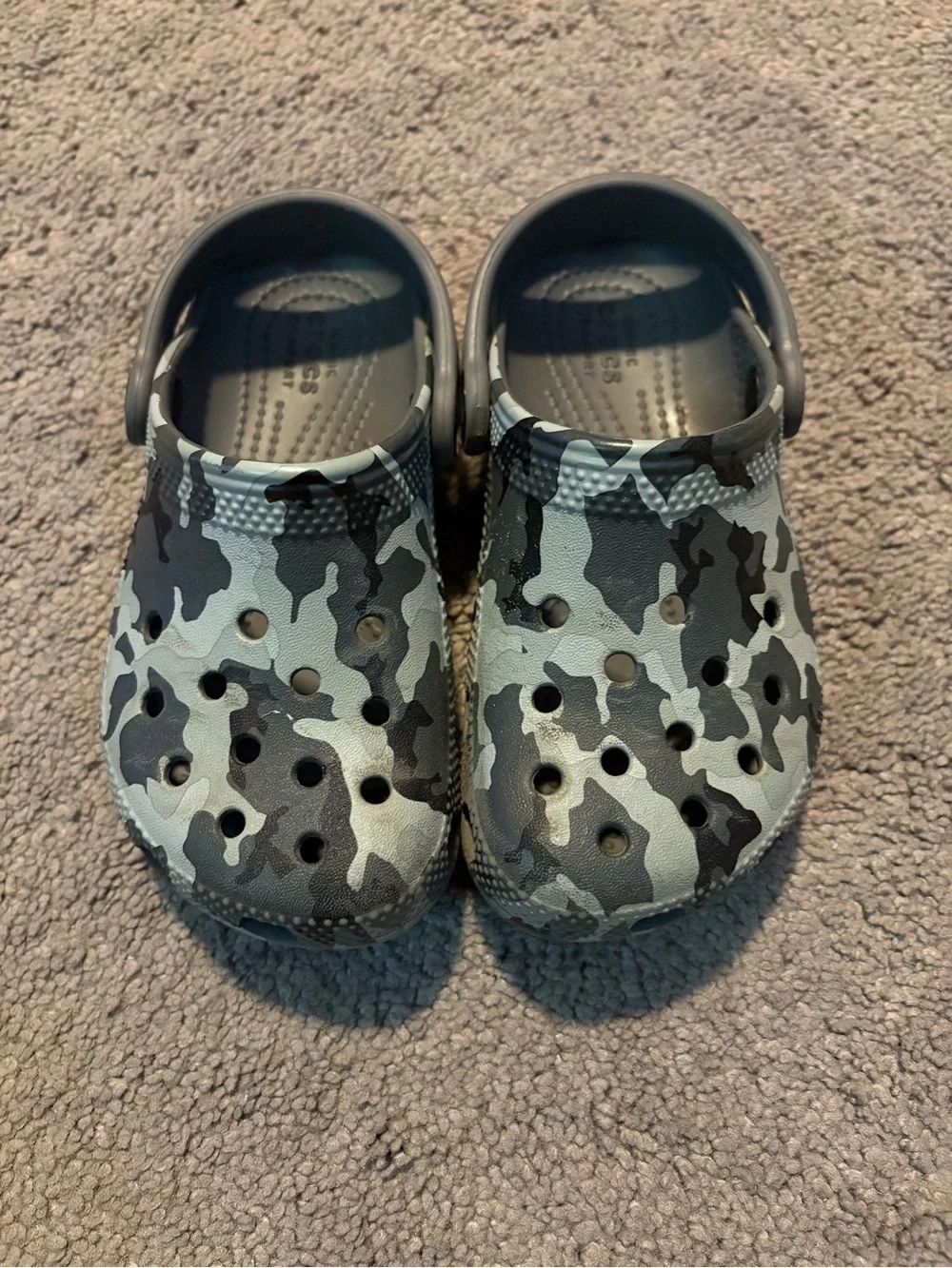 Black and grey camo Crocs 10c